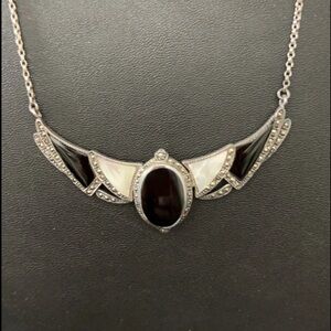 Art Deco sterling silver necklace with onyx, mother-of-pearl, and marcasite